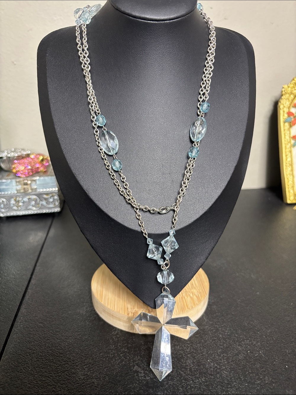 Crystal Cross Pendant Long Necklace Acrylic Clear Blue Beads